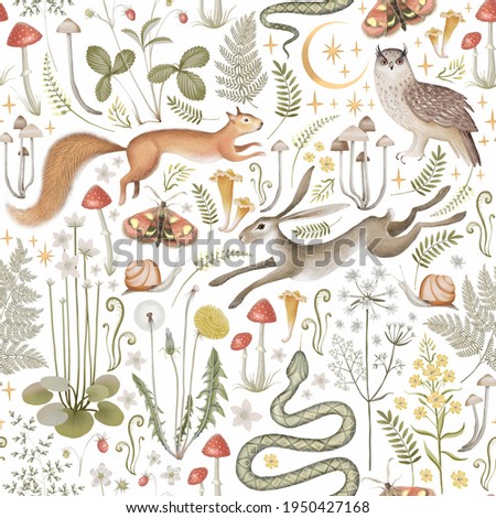 Fairy forest seamless pattern. Moon, stars, hare, squirrel, owl, flowers and mushrooms on a white background. 