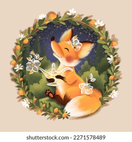 Fairy fox and magic lamp  Cute childish illustration for different uses  Art drawing in round frame greenery 