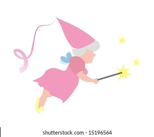 Fairy godmother flying and making a charm with her wand, on a white background