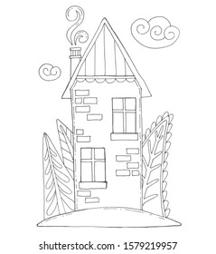 Fairy house. Merry Christmas Coloring page. Black and white background. Coloring page for kids.