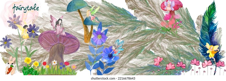 Fairy life concept background in the open air  and beautiful fairy flower   various colored mushrooms  peacock feathers background beautiful   soft feathers
