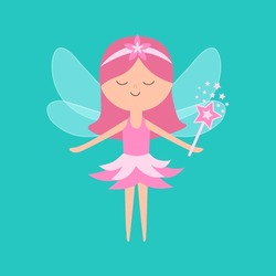 Fairy Little Princess With Wings. Pink Flower Dress. Flying Fairies. Cute Cartoon Kawaii Funny Magic Character. Paper Doll. Hair Decoration, Magic Wand. Flat Design. Green Background. Isolated