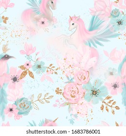 Fairy Magical Garden. Unicorn Seamless Pattern, Pink, Blue, Gold Flowers, Leaves , Birds And Clouds. Kids Room Wallpaper
