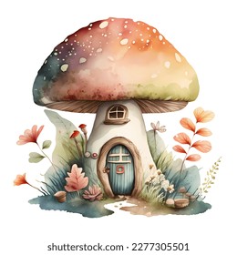 Fairy Mushroom House Watercolor Clipart