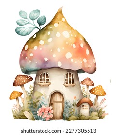 Fairy Mushroom House Watercolor Clipart