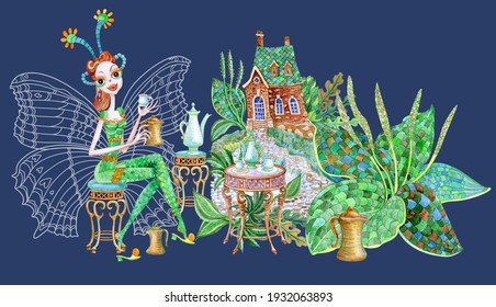 Fairy tale butterfly woman drinking coffee at a table near the house and bush of goose grass. Watercolor painting on contour doodle sketch. Tee-shirt print, café menu brochure cover - Powered by Shutterstock