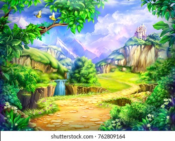 Fairy tale, cartoon background, digital art. Illustration of a fairytale castle, road, mountains and waterfalls. Can be used as location for games or illustration for books