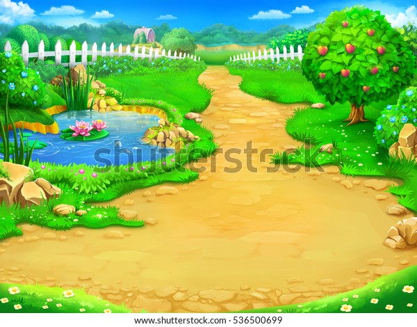童话 卡通背景 数字艺术 仙女花园和湖泊的插图 可用作游戏或图书插图的位置库存插图