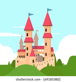 Fairy tale Castle Concept. Flat style design.