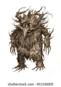 Fairy tale characters, trolls, old tree, goblins, monsters, graphic illustration.
