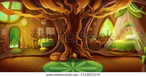 Fairy Tale Cottage Interior. Fiction Children Backdrop. Concept Art. Realistic Illustration. Video Game Digital CG Artwork. House Building Scenery. 