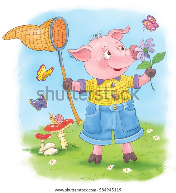 fairy tale cute pig butterfly net stock illustration 584945119