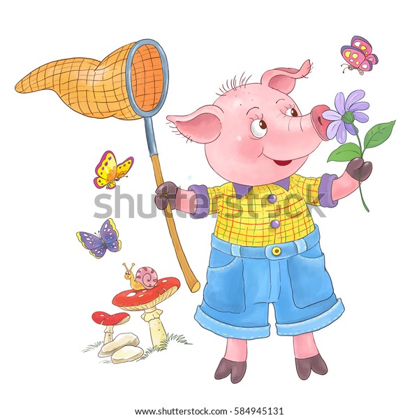 fairy tale cute pig butterfly net stock illustration 584945131