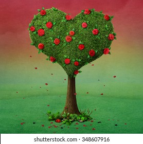 Fairy tale illustration with  flowering tree in  shape of  heart.  - Powered by Shutterstock