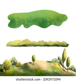 Fairy tale landscape elements. Cute green hills and road. Cartoon style of art. Green grass. Isolated background. Landsape set. Outdoor composition elements.