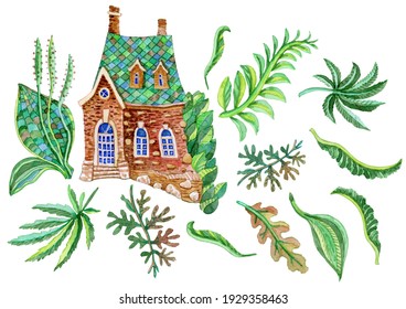 Fairy Tale Old Country House, Bush Of Goose Grass And Fantasy Foliage.Watercolor Painting On Contour Doodle Sketch. Floral Elements Set Isolated On White Background