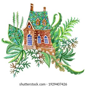 Fairy Tale Old Country House, Bush Of Goose Grass And Fantasy Foliage.Watercolor Painting On Contour Doodle Sketch. Floral Elements Isolated On White Background