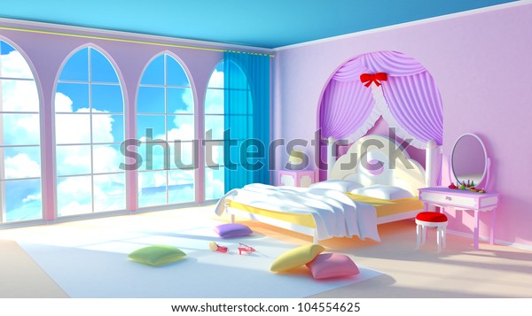 おとぎ話のお姫様の部屋 カラフルな枕と大きな窓を持つピンクの寝室の女の子 クラウドの窓で のイラスト素材