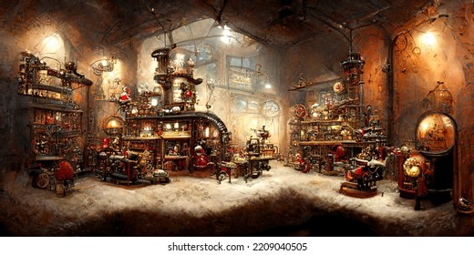 Fairy tale Santa's toy factory, Christmas scene, winter illustration, cartoon, in cyberpunk style colors, - Powered by Shutterstock