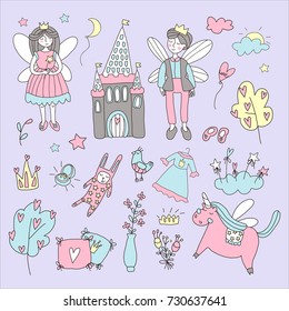 Fairy tale set and with winged characters  the castle  unicorn  Doodle illustration in simple childish style  Raster version 