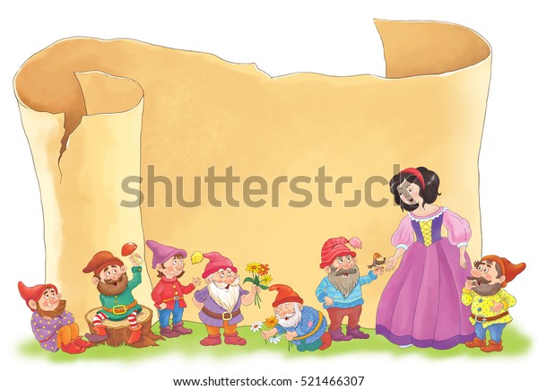 おとぎ話 白雪姫と七人のこびとが古い茶色の紙の前にいます 子ども向けのイラスト かわいくて面白い漫画のキャラクター ポスター のイラスト素材