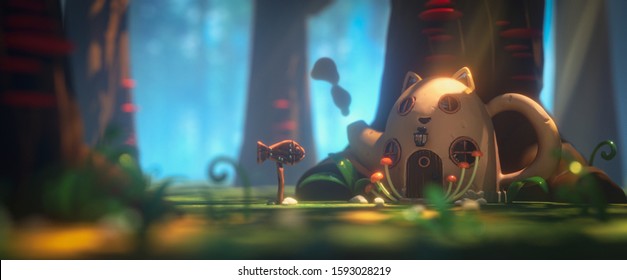 Fairy teapot cat house in magic forest with rays of sunlight. Landscape with mushrooms on trees and path in the forest to a cartoon house with a wooden fish sign. 3d illustration of the game location