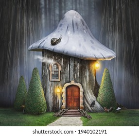 Fairy tree house with mushroom hat and old door in fantasy forest                    