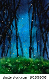Fairytale bamboo forest background. Trees surrounded by fireflies in the night. Green fantasy forest. 