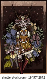 Fairytale Cartoon Character, Girl In Dress With A Fluffy Skirt, With Long Horns, Big Ears And Round Earrings, Stand In Vegetation And Flowers With Little Funny Goat In A Shirt With Bow-knot On Neck.