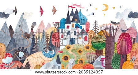 A fairytale castle on a hill surrounded by a picturesque landscape. Watercolor illustration. Children's poster. 