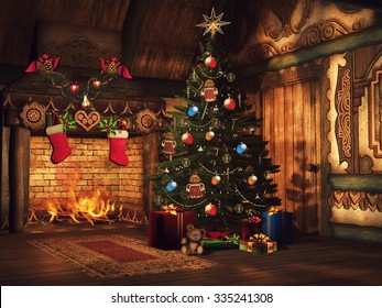 Fairytale Cottage With A Christmas Tree, Colorful Gifts And A Fireplace