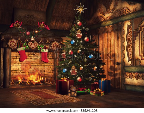 Fairytale Cottage Christmas Tree Colorful Gifts Stock Illustration