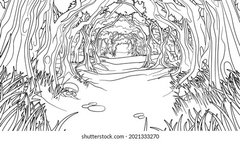A fairytale fantasy magic woodland forest trees tunnel background landscape scene. Outline black and white coloring book page