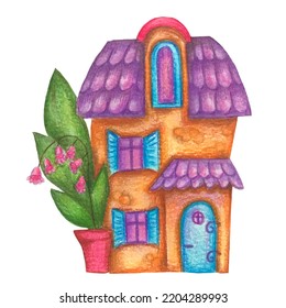 Fairytale House Clipart Isolated On White Background. Vintage Style Watercolor Illustration Of Cute Magical House With Purple Roof And Blue Door.