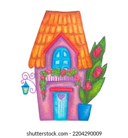 Fairytale House Clipart Isolated On White Background.Hand Drawn Illustration Of Cute Magical House With Yellow Roof And Cute Lantern.