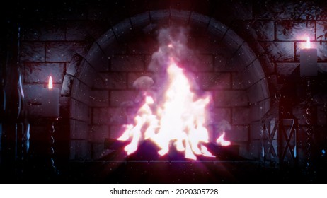 Fairytale Masonry Fireplace Flames Lighting , Cgi Object 3D Rendering