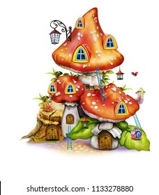 Fairytale mushroom house and doors  windows   steps   lanterns  dwelling fairies   bugs  forest fantasy  isolated image white background