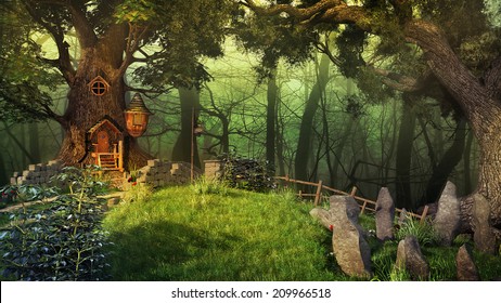 Fairytale scenery with old trees, plants and fairy house