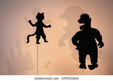Fairytale shadow puppets of Cat and Ogre. 