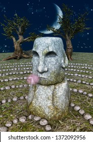 A Fairytale Stone Labyrinth, And A Stone Head With A Bubblegum. 3D Illustration.