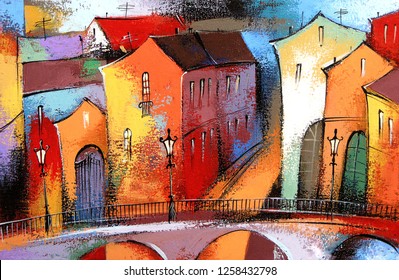 Fairytale Town In Orange Color. Photo Of Acrylic And Oil Painting On Canvas, My Own Artwork.