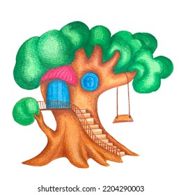 Fairytale Treehouse Clipart Isolated On White Background. Watercolor Illustration Of Cute Magical House On The Tree With Red Roof And Stairs.