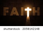 Faith Cross Door In Dark Room. Big Cross Light Door and Faith Glowing Bright Gate. Salvation, Spirituality and Christianity Faith Concept	 3D illustration 