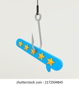 Fake Five Star Rating. Baiting Customers With Online Reviews. 3D Illustration Of Gold Stars On Speech Bubble Icon At The End Of A Fishing Hook. 