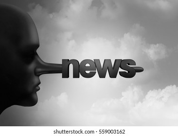 Fake news concept and hoax journalistic reporting as a person with a long liar nose shaped as text as false media reporting metaphor and deceptive disinformation with 3D illustration elements.