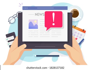 Fake News Online Or Important Breaking News Concept On Daily Digital Tablet Computer Reading Person Man, Electronic Internet Fraud Newspaper Flat Cartoon Illustration Image