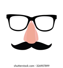 Fake nose and glasses humor mask raster illustration. Disguise glasses, nose and mustache. Funny glasses