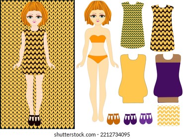 Fall 2022 Winter 2023 Knitted Background Shade Samoan Sun. Fashionable Collection Of Clothes For Girls. Fashion Show. Advertising. Cut Out Of Paper. Creativity For Children. Illustration