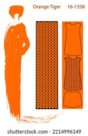 Fall 2022 Winter 2023 Knitted Background Shade Orange Tiger. Banner. Sample. A Model Of A Girl Is Drawn With A Brush. Illustration. For Advertising Knitwear, Patterns Of Fabric And Knitted Clothes