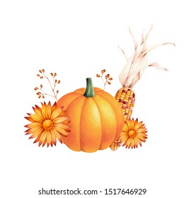 Fall arrangement and pumpkin  corns  chrysanthemum   autumn leaves  Seasonal watercolor illustration 
